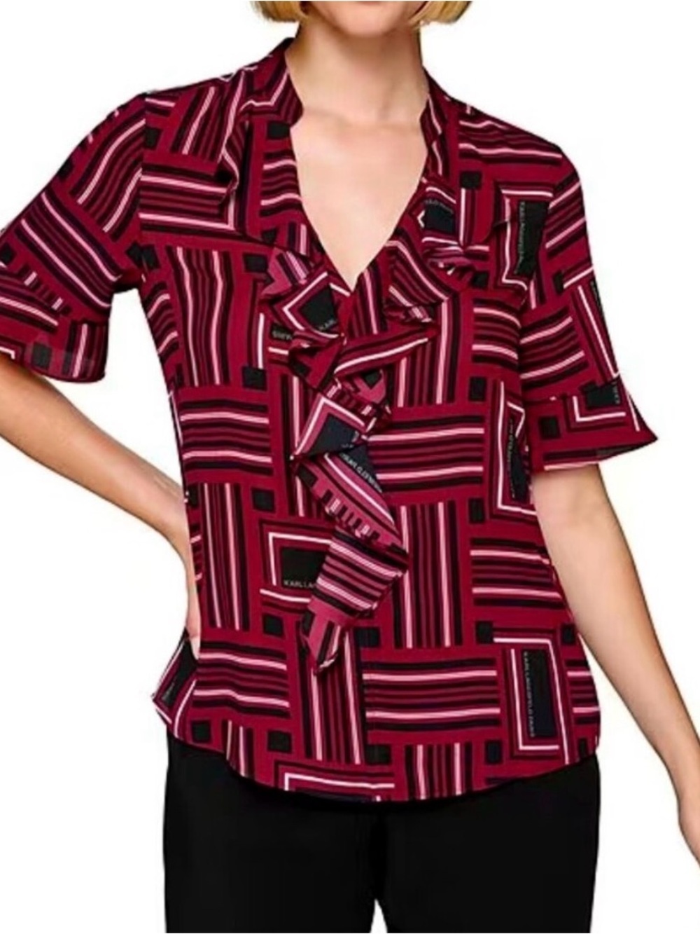 Karl Lagerfeld Geometric Print
Ruffle Front V-Neck Short Sleeve Blouse Small